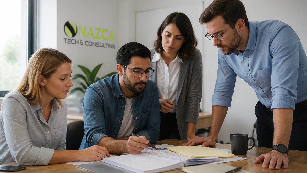 IT professional reviewing security protocols and authentication methods on computer screen with multiple team members in modern office setting with natural lighting
