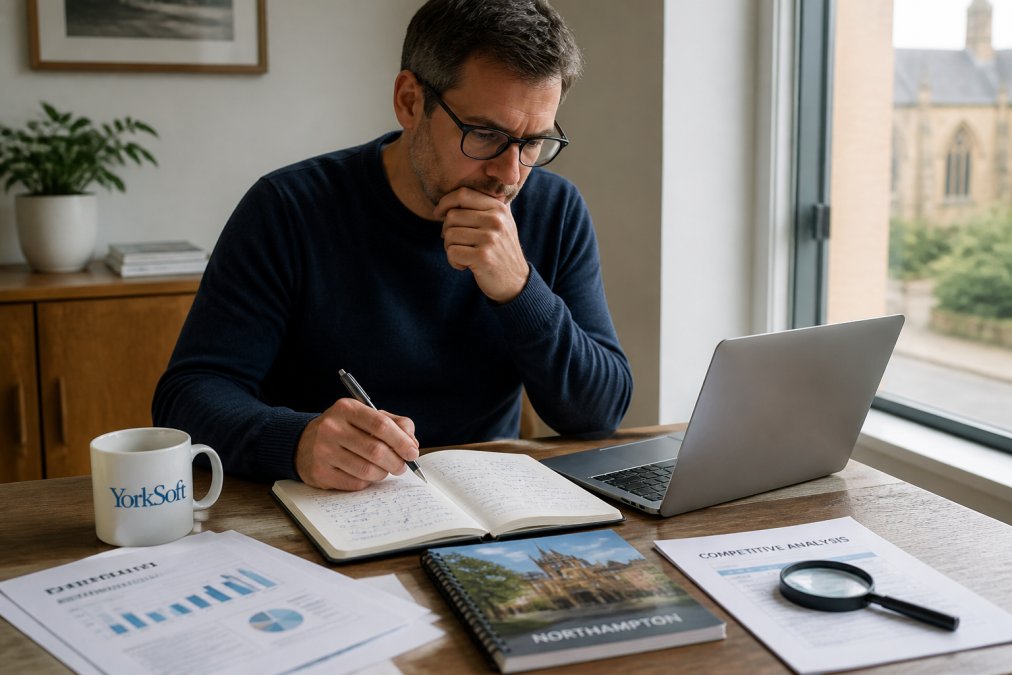 Business owner reviewing SEO analytics dashboard on laptop at wooden desk with strategy notes and competitive analysis documents visible, natural office lighting