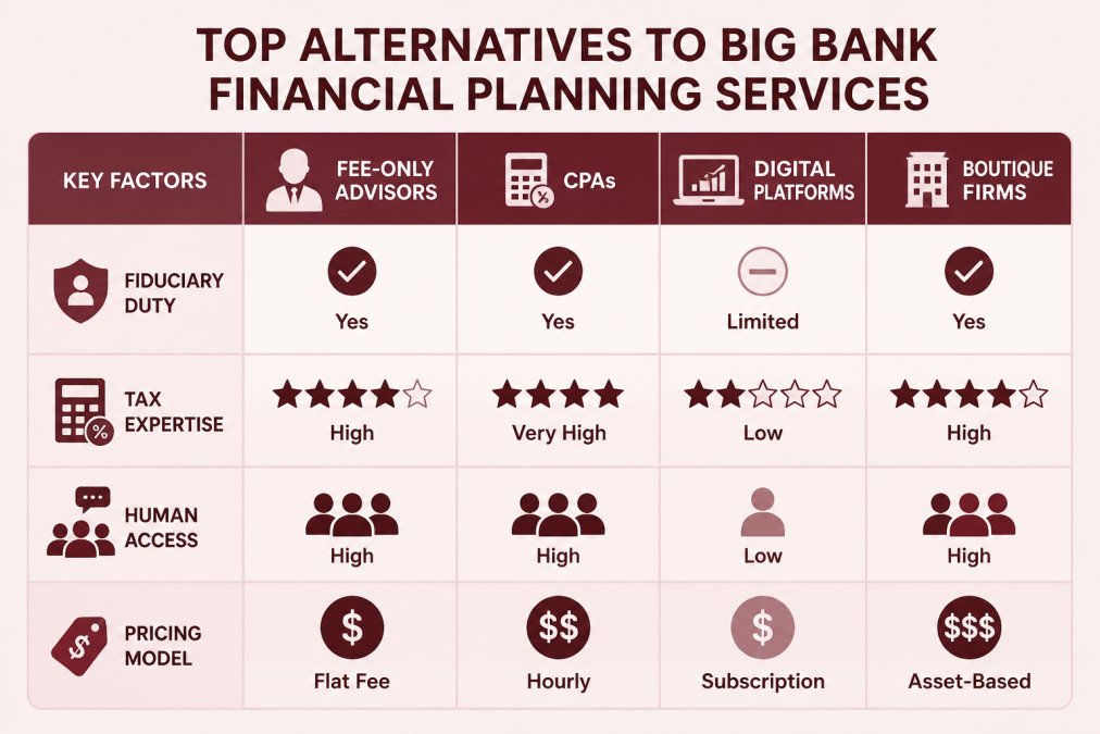 Comparison matrix of alternative types (fee-only advisors, CPAs, digital platforms, boutique firms) versus key factors: fiduciary duty, tax expertise, human access, and pricing model