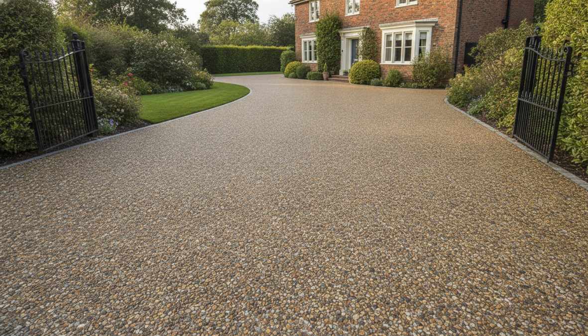 Residential driveway featuring a smooth resin bound surface with natural stone aggregate in warm amber tones, showing seamless finish and rich color variation under afternoon sunlight