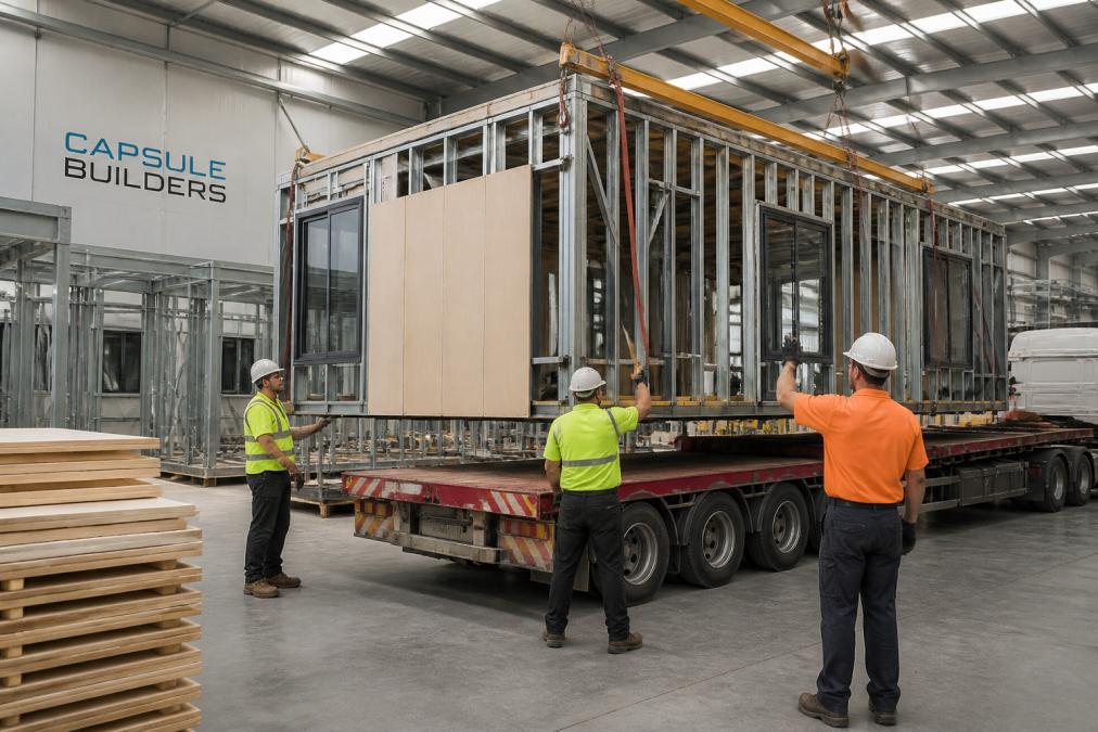 A steel-framed modular home under construction in a factory setting, with workers in high-visibility gear guiding a completed module onto a truck for transport to site
