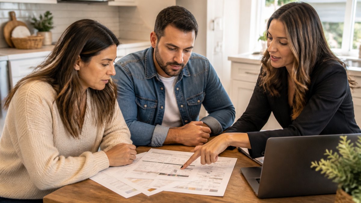 A couple sitting at a kitchen table with a laptop and printed comparison sheets, a real estate agent pointing at financing options, warm afternoon light through the window