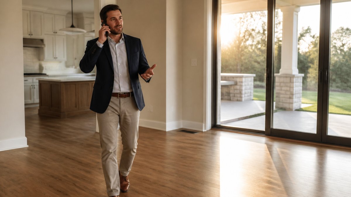 A real estate investor reviewing financing documents at a desk with a laptop, calculator, and property listing printouts in a bright home office