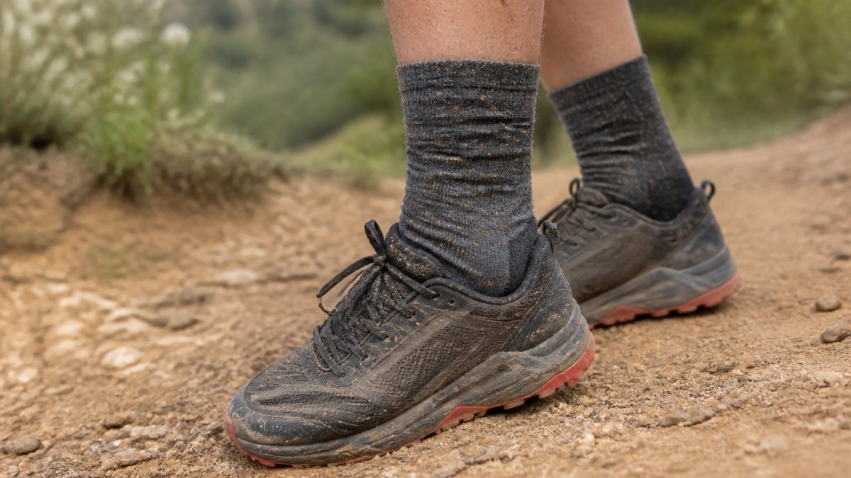 Close-up of a trail runner's lower legs on a dusty singletrack, showing a high-cuff sock pulled up over the shoe collar with visible grit on the cuff and laces