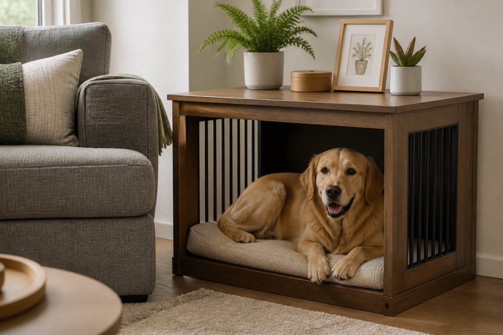 Modern living room with a wood-frame furniture-style dog bed positioned beside a gray sofa, featuring neutral tones and natural lighting, with the pet bed blending seamlessly with home furnishings