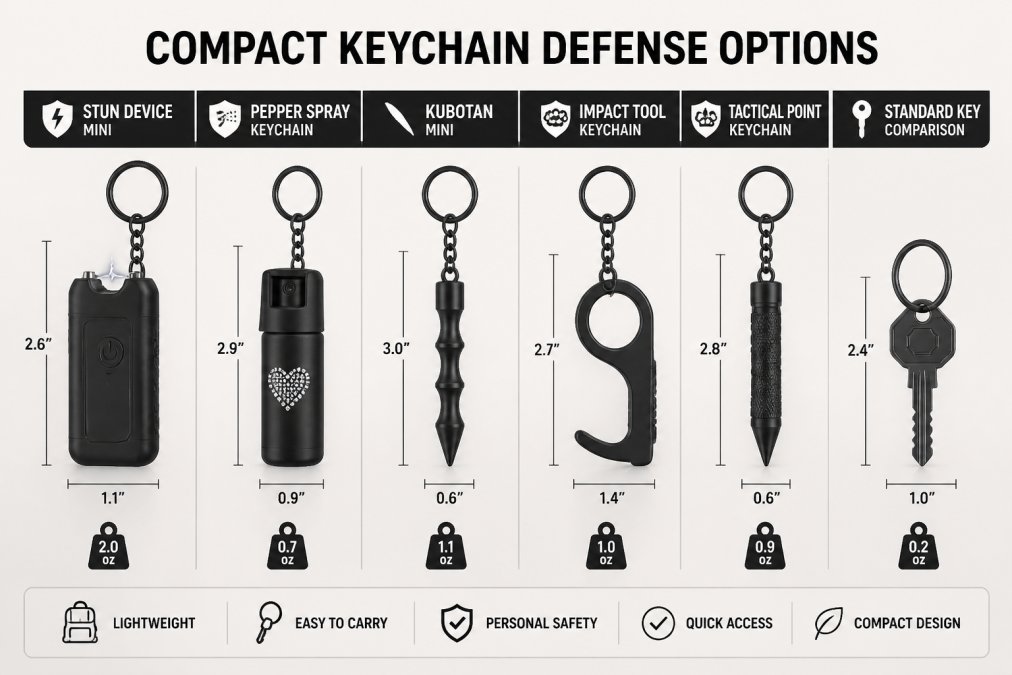 Close-up of various compact self-defense keychains arranged on a flat surface, including small stun devices, pepper spray bottles, and metal impact tools in different colors and styles, showing relative size and portability compared to a standard house key