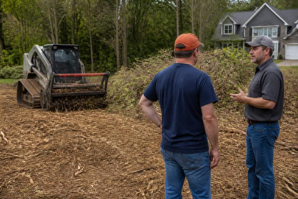 Professional forestry mulching equipment with tracked base processing dense brush and small trees on a residential property, leaving a layer of fine mulch on cleared ground with visible soil restoration