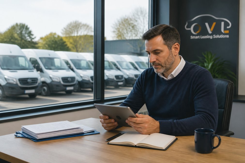 Fleet manager reviewing commercial vehicle data on a tablet as alternatives to buying commercial vehicles