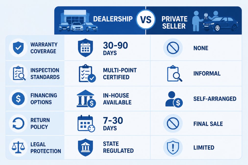 Comparison matrix showing dealership vs private seller: warranty coverage (dealership: 30-90 days vs private: none), inspection standards (dealership: multi-point certified vs private: informal), financing options (dealership: in-house available vs private: self-arranged), return policy (dealership: 7-30 days vs private: final sale), legal protection (dealership: state regulated vs private: limited)