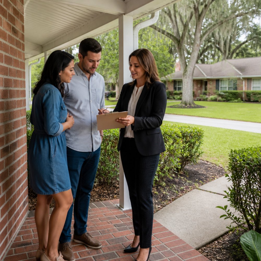 A couple standing on the front porch of a well-maintained 1990s brick ranch home in a tree-lined Orlando neighborhood, looking at a clipboard with a real estate agent