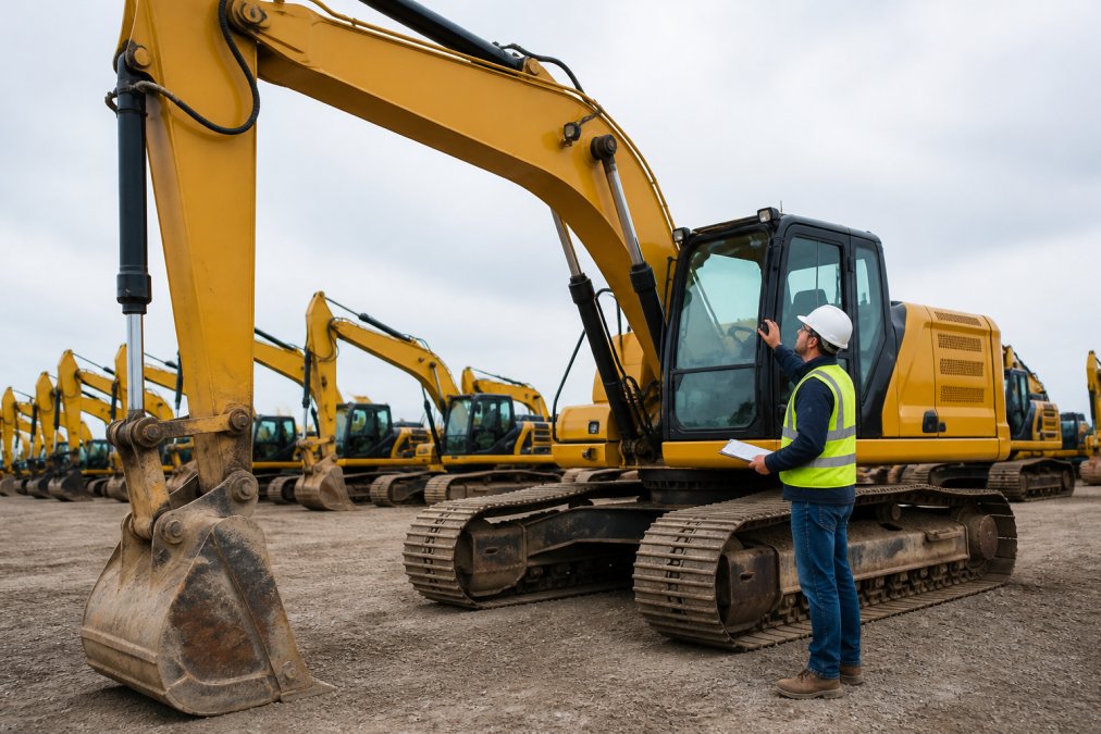 Professional equipment rental specialist inspecting a heavy excavator in a well-organized rental yard with multiple machines lined up and natural daylight