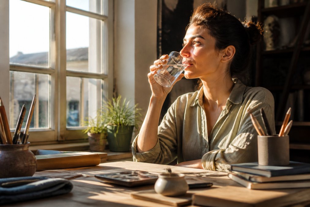 Person drinking water from a glass in morning sunlight near a window, looking refreshed and alert, with natural light streaming across their face