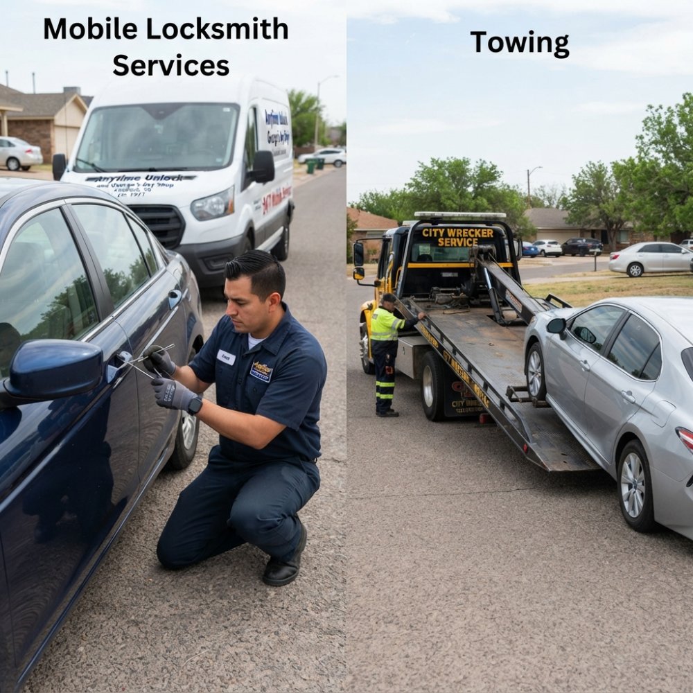 Professional locksmith using specialized non-destructive tools to carefully unlock a car door from the outside, demonstrating precision technique on a sedan in daylight