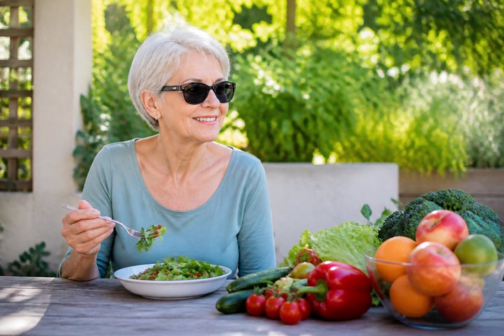 Older adult wearing UV-protective sunglasses outdoors in bright daylight, seated at an outdoor table with fresh vegetables and colorful fruits arranged in front, natural sunlight illuminating the scene