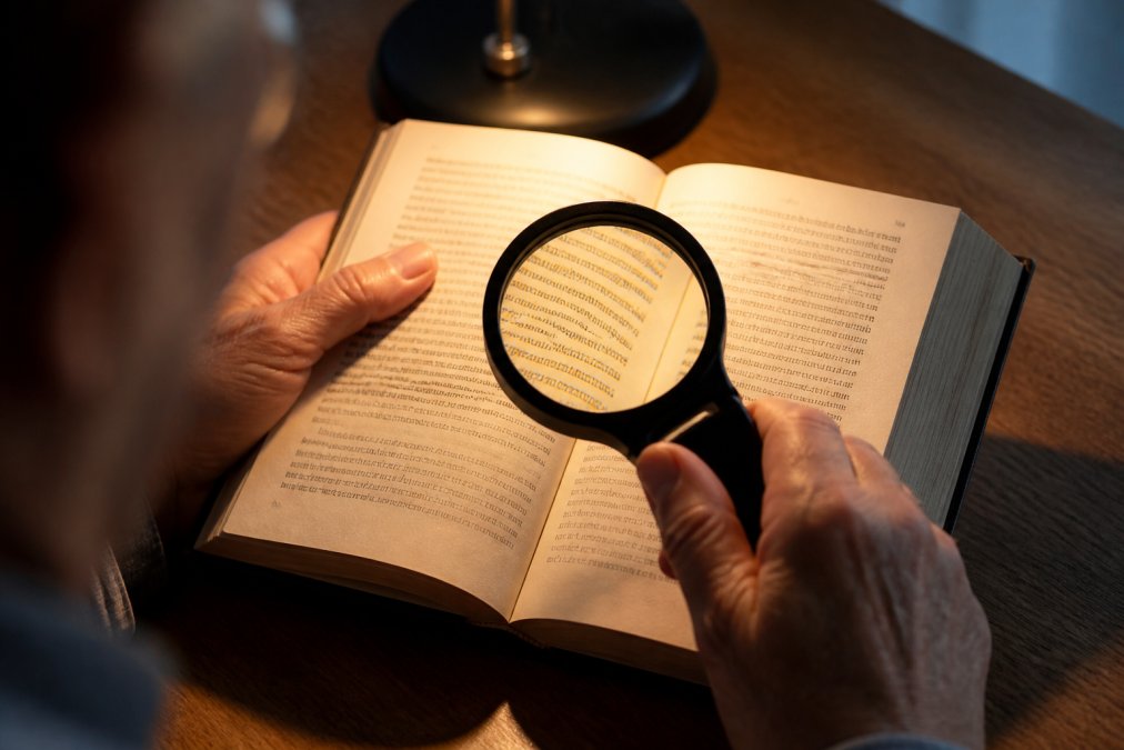 Close-up of hands holding a handheld magnifier over printed text, with warm task lighting illuminating the page and magnified words clearly visible through the lens