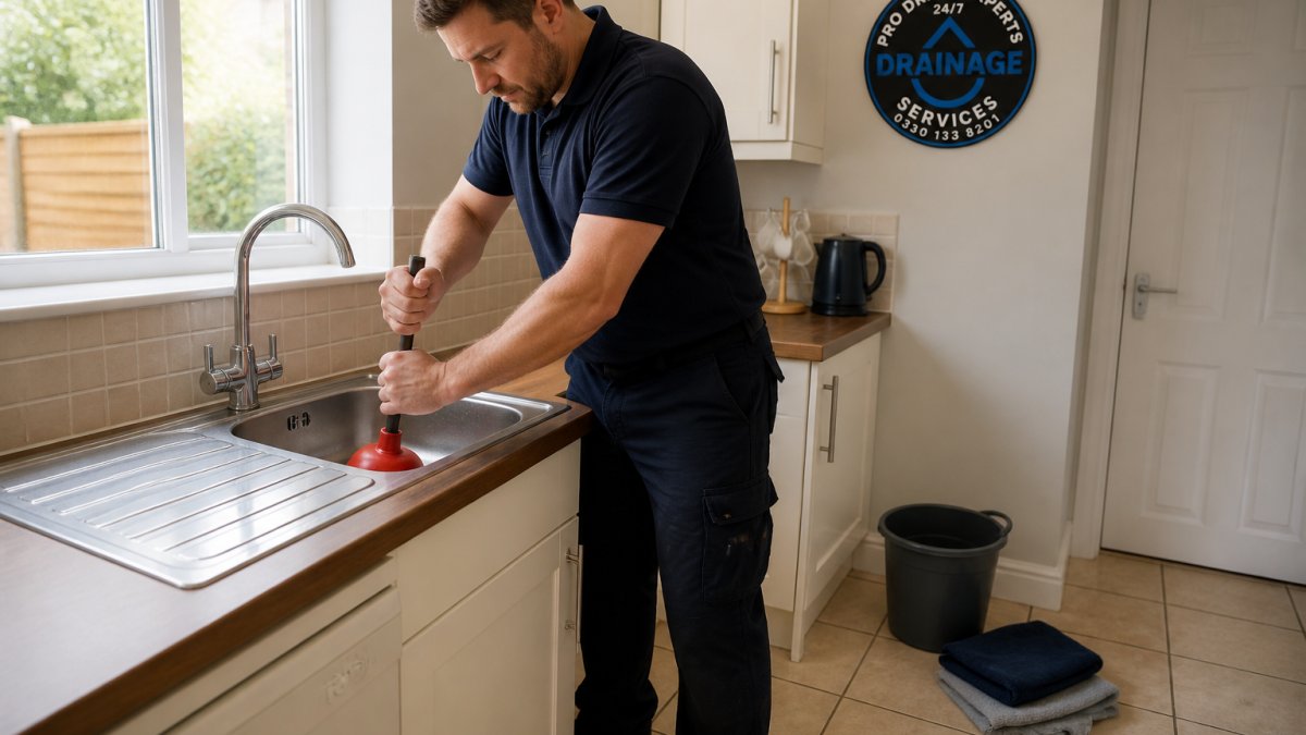 A person in a British kitchen using a red cup plunger on a stainless steel sink, with a bucket and folded towels on the tiled floor beside them, daylight from a window