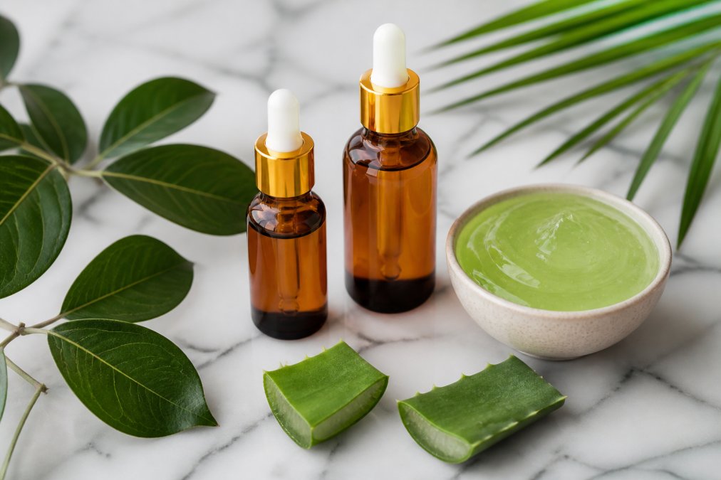 A flat-lay photo of natural skincare products: amber glass bottles of jojoba oil and rosehip oil, a small bowl of aloe vera gel, and fresh green botanical leaves on a white marble surface