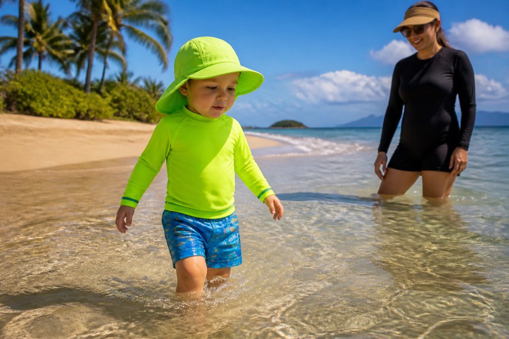 Toddler wearing bright neon-colored long-sleeve rash guard and wide-brimmed swim hat at the beach, standing in shallow water with vibrant swimwear contrasting against sand and ocean, parent visible nearby