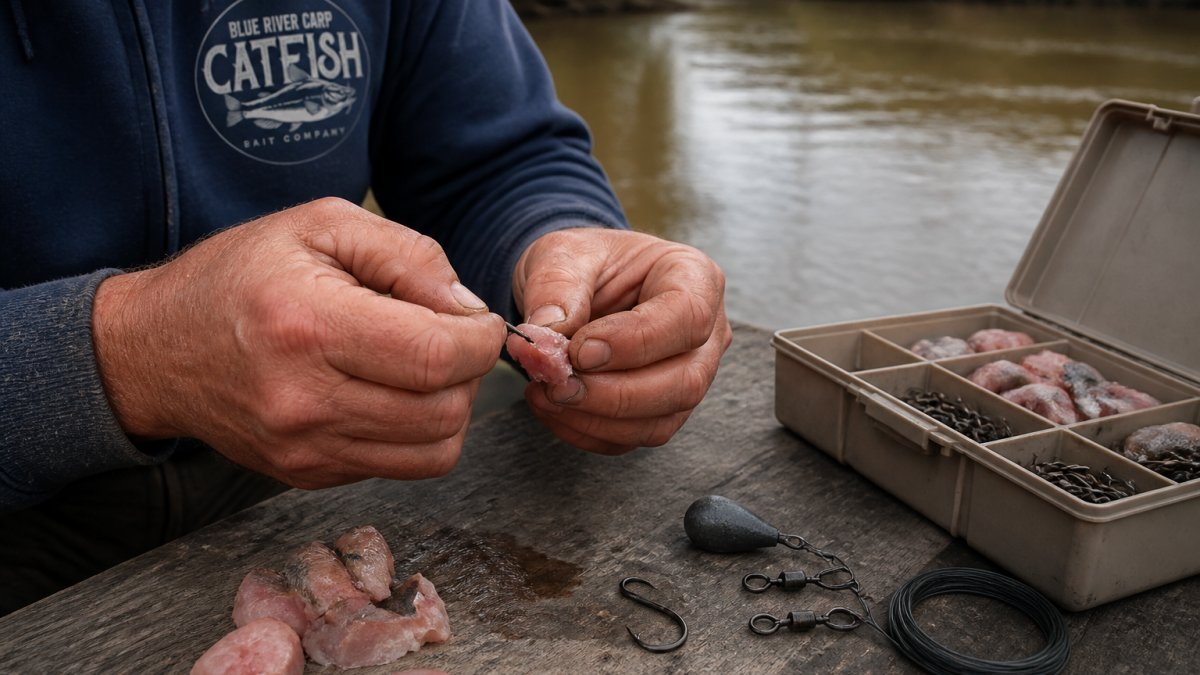 Close-up of an angler's weathered hands threading a piece of cut bait onto a circle hook, tackle box open beside them and a muddy river in the soft background light