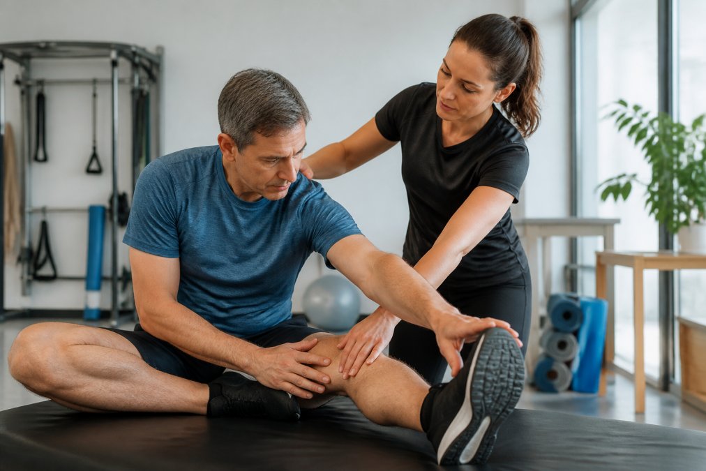 Physical therapist demonstrating proper stretching technique with middle-aged patient in modern clinical setting with natural lighting and exercise equipment visible