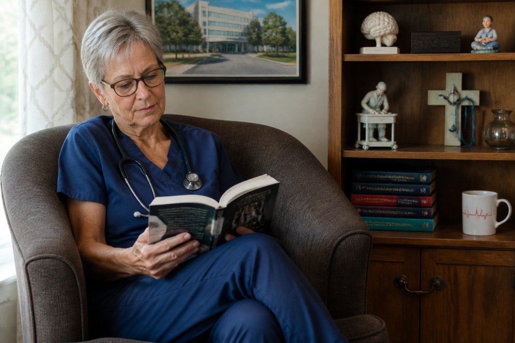Retired registered nurse sitting in a comfortable reading chair with a medical thriller novel in hand, hospital artwork and medical mementos visible on shelves behind her, warm natural lighting suggesting an intimate reading space