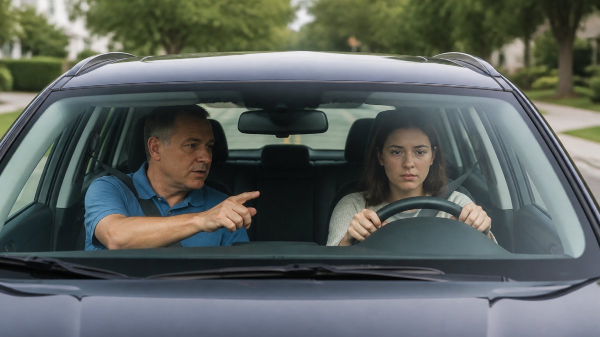 Patient driving instructor guiding a nervous student during a behind-the-wheel lesson as one of the alternatives to