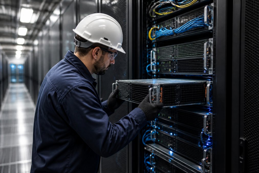 Data center technician in protective gear working with GPU-accelerated server hardware mounted in racks, with fiber optic cables and blue indicator lights visible, cool climate-controlled facility