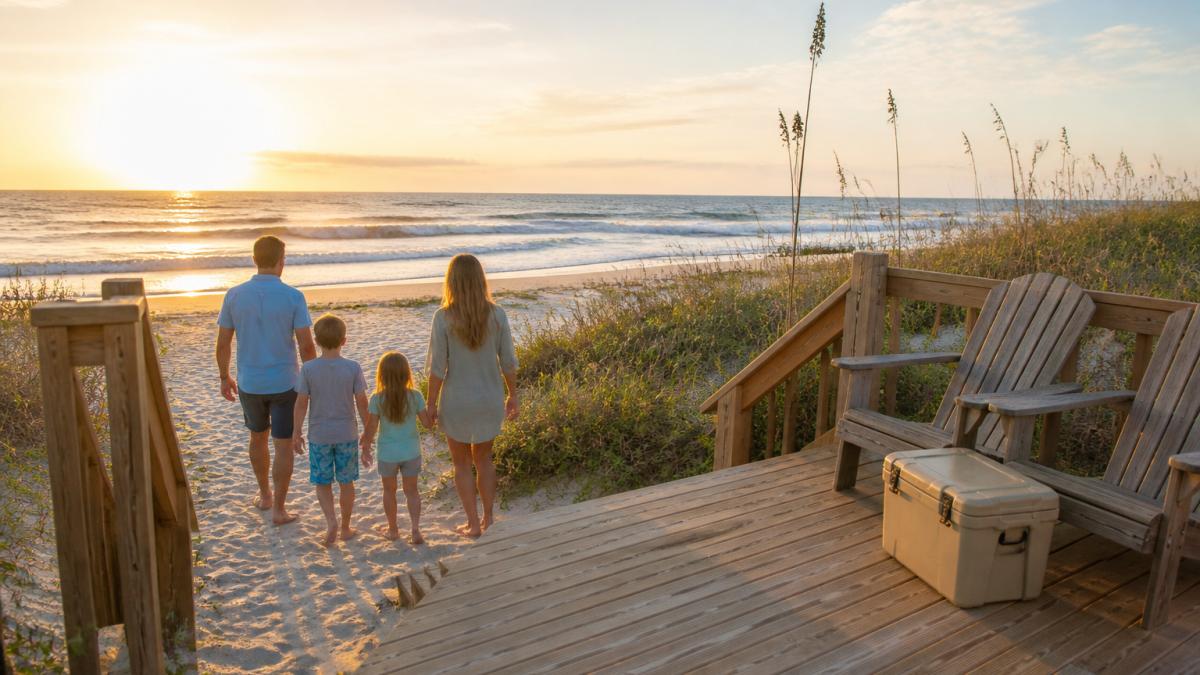 Family walking from a Cocoa Beach oceanfront deck onto the sand at sunset