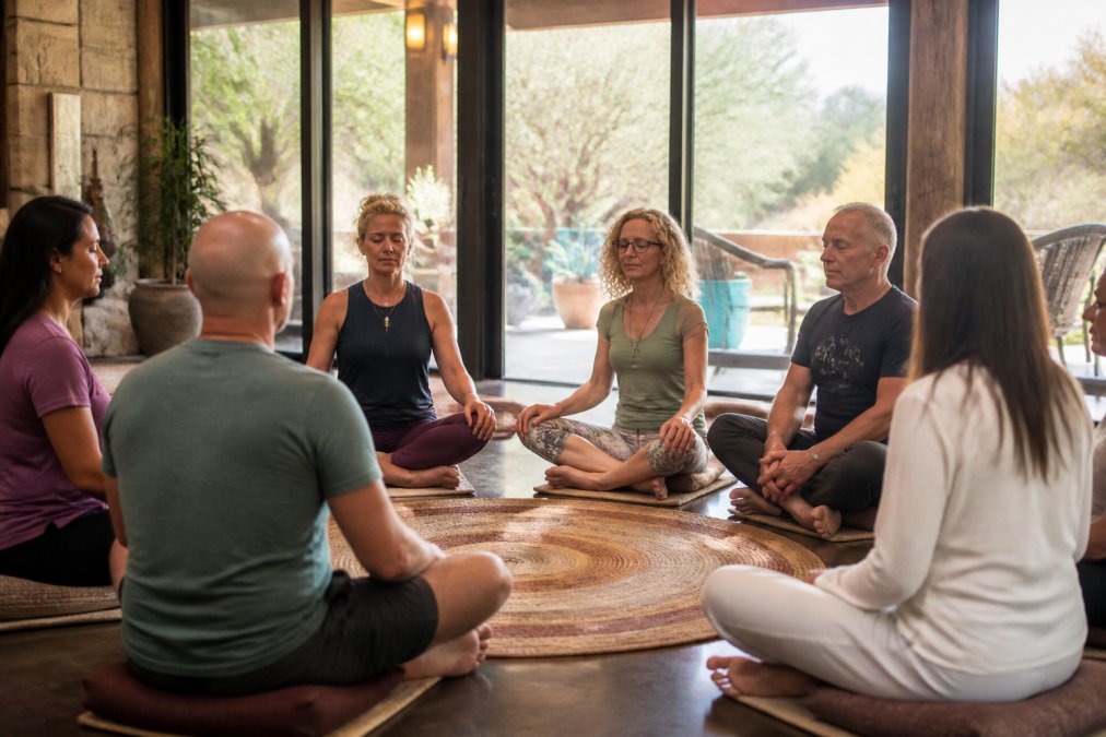 A small group of participants sitting in a circle during a guided meditation session in a peaceful, intimate sanctuary space with natural light and simple furnishings