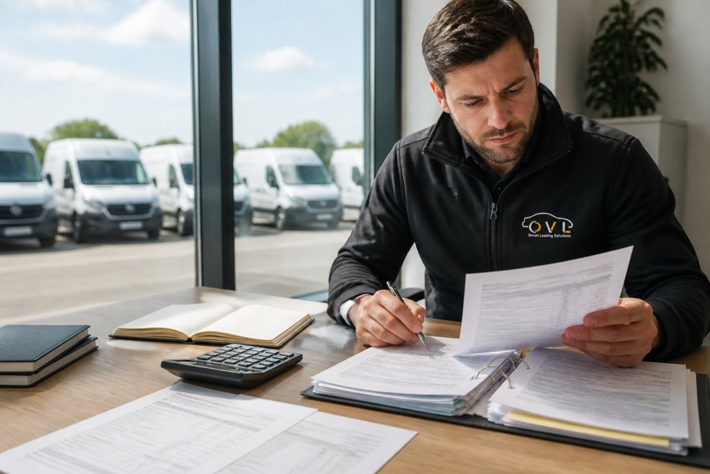 Fleet manager reviewing vehicle documentation and lease agreements at a modern office desk, with multiple commercial vans visible through the window in the background, natural daylight streaming across the workspace