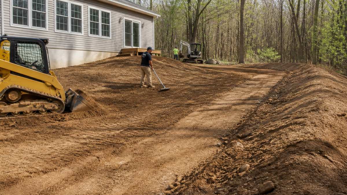 Professional crew regrading a residential yard with heavy equipment, creating a visible slope away from the house foundation, with exposed soil and proper grading lines visible