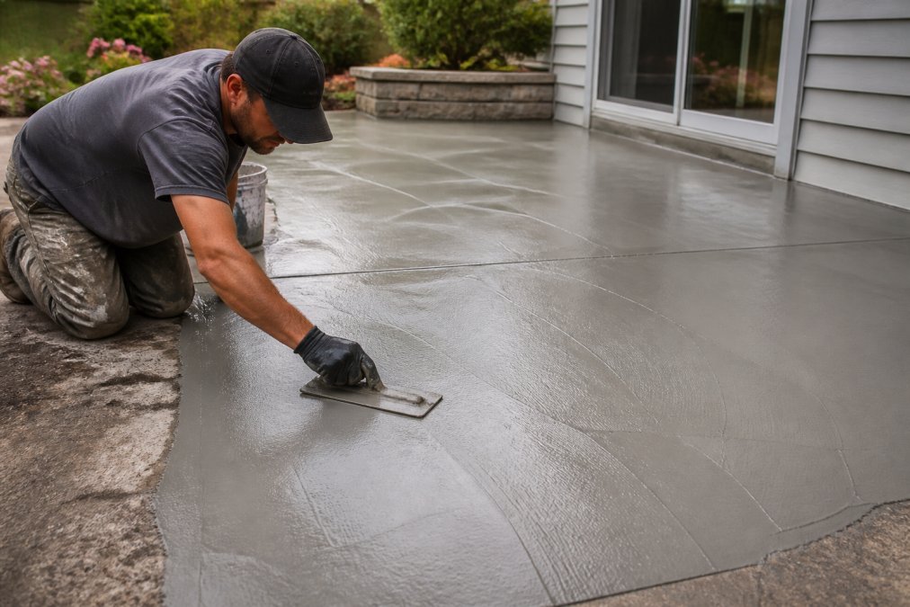 Professional applying decorative concrete overlay with trowel to existing patio surface, showing smooth finishing technique and texture detail