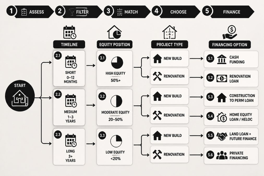 Decision tree flowchart showing financing options based on timeline, equity position, and project type
