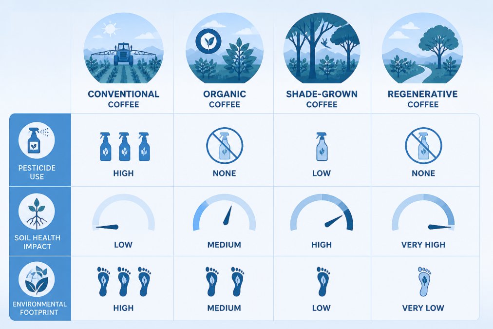 Comparison matrix showing pesticide use, soil health impact, and environmental footprint across conventional, organic, shade-grown, and regenerative coffee farming methods