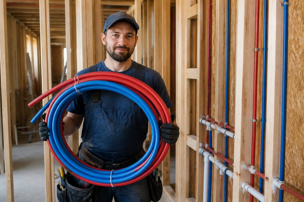 Professional plumber holding coiled flexible PEX tubing with color-coded red and blue lines indicating hot and cold water, demonstrating the tubing's flexibility and ease of handling during installation