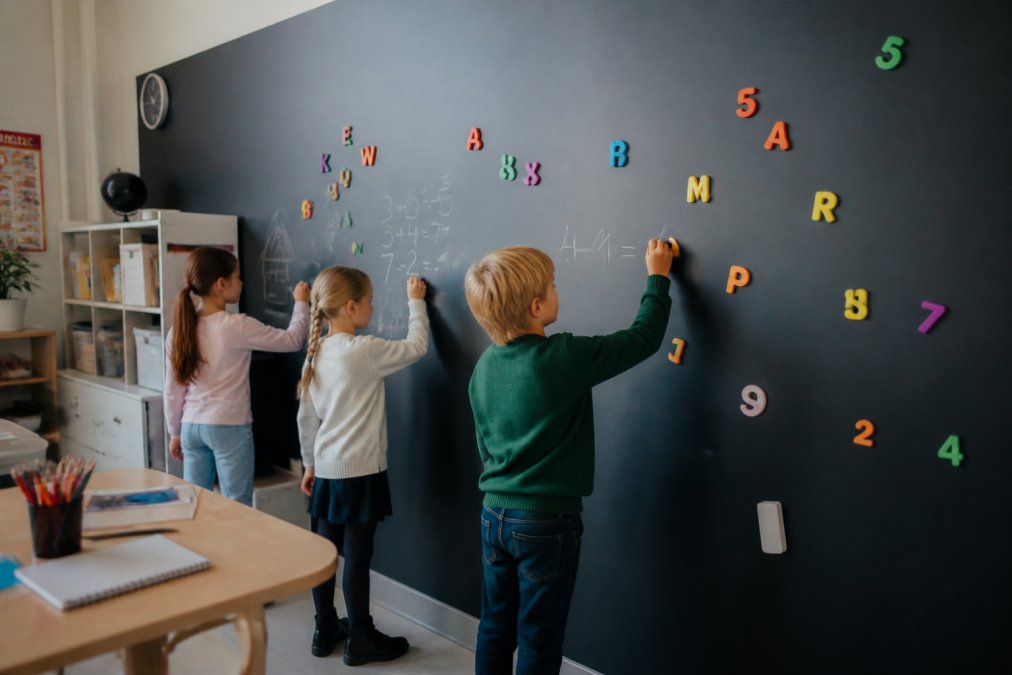 Primary school classroom with students writing on a large magnetic chalkboard wall, colourful learning materials and magnetic letters arranged on the surface