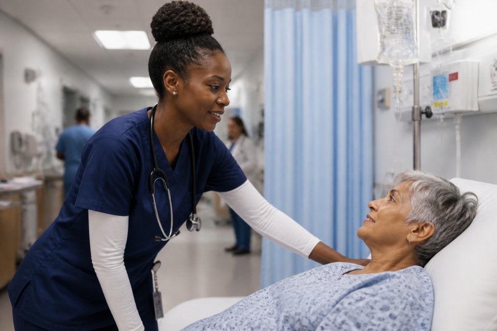 Healthcare professional wearing moisture-wicking scrubs during an active clinical shift, visibly dry and comfortable while providing patient care in a busy hospital environment