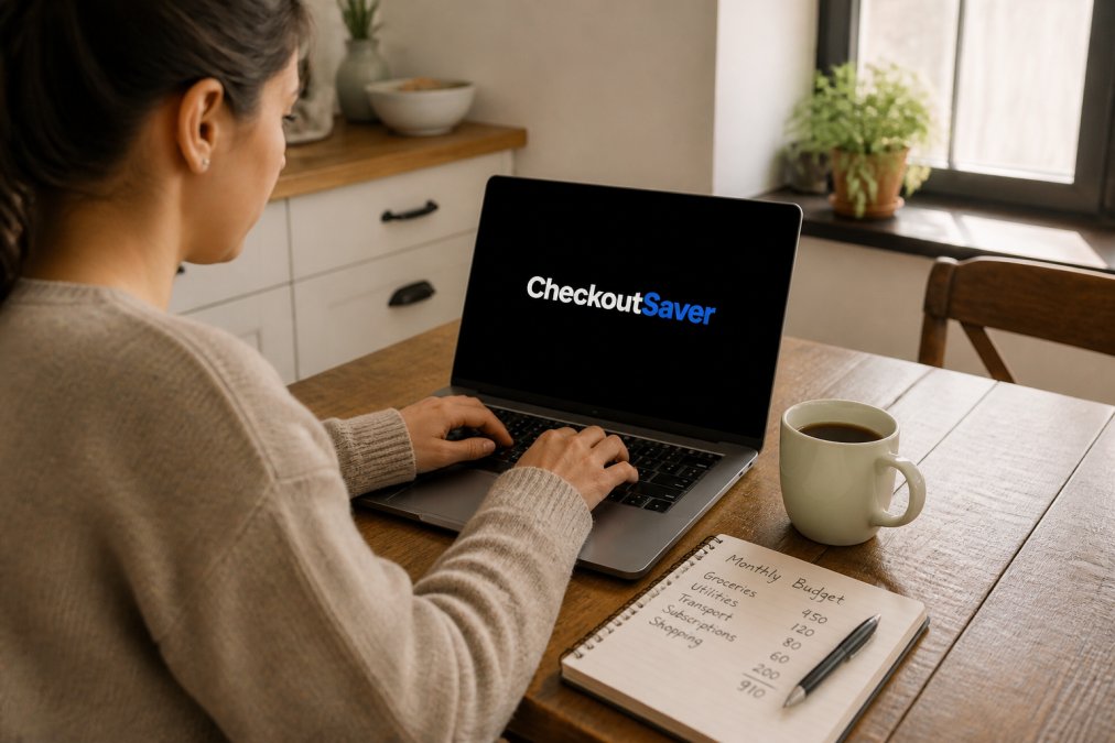 A person shopping online on a laptop at a kitchen table, a coffee mug nearby and a notebook showing a handwritten budget, warm natural window light