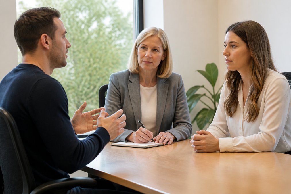 A calm, neutral meeting room with two people in conversation across a table, a mediator taking notes, natural light through a window