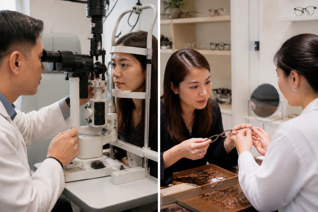 Optometrist performing comprehensive slit lamp examination on patient in modern clinical setting with advanced diagnostic equipment visible in background