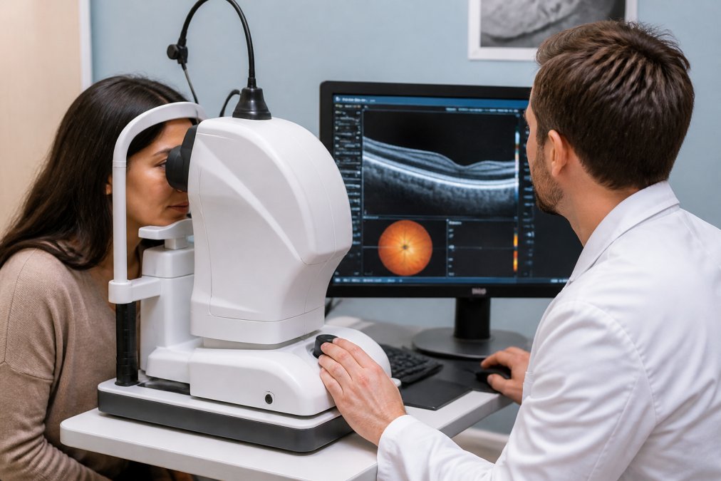 Close-up of patient looking into OCT imaging device while optometrist operates equipment and monitors high-resolution cross-sectional retinal images on screen