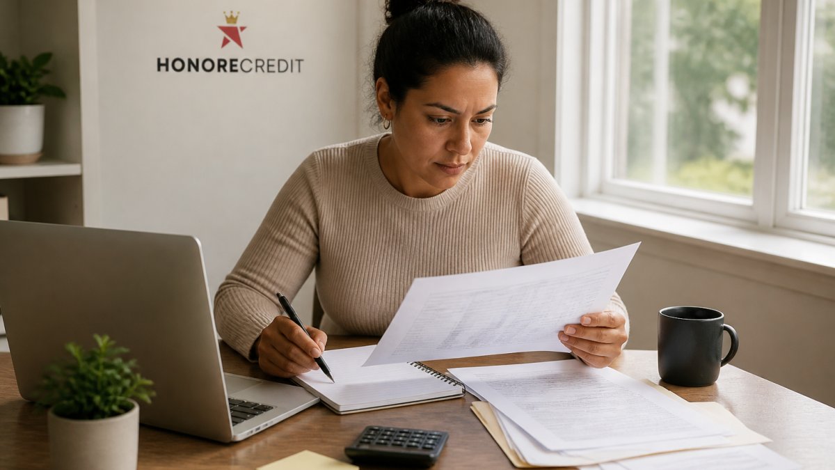 Person at a desk reviewing credit report documents with a laptop and notepad, examining paperwork under natural light