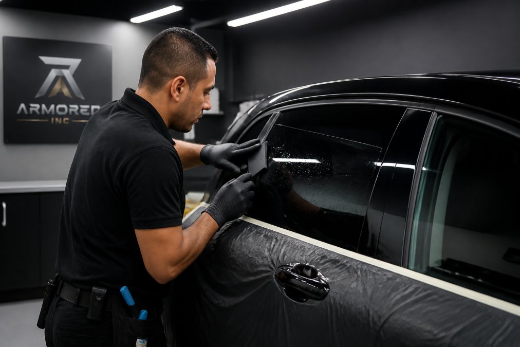 Professional installer smoothing ceramic window tint film on a luxury vehicle's side window using precision tools in a modern installation bay, with controlled lighting and protective coverings
