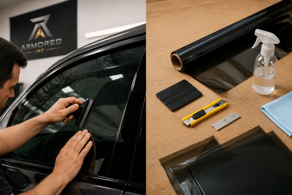 Close-up of a skilled technician using a precision squeegee to smooth window tint film onto a vehicle's glass surface, demonstrating proper technique with steady hands and professional equipment