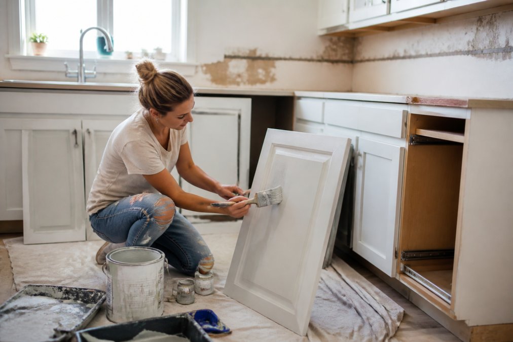 A homeowner in casual clothes painting a kitchen cabinet door in a bright, partially renovated kitchen, with paint cans and brushes on a drop cloth nearby