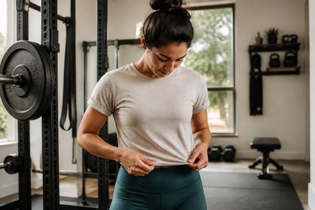 A person in a soft cotton graphic tee standing in a bright home gym, glancing down at the printed message on their shirt before starting a workout