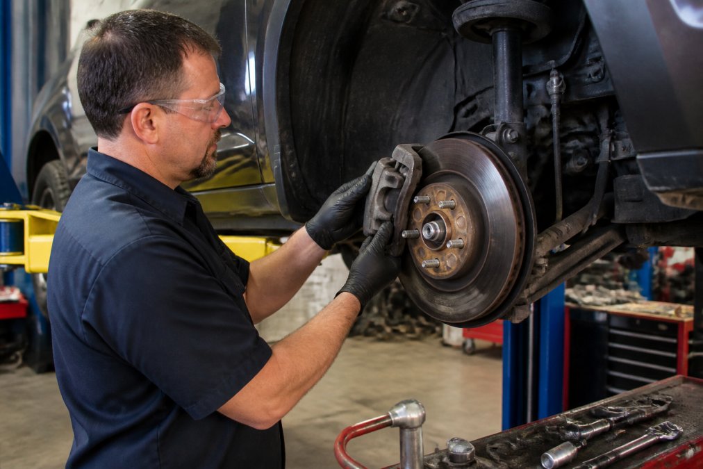 ASE-certified technician inspecting brake parts as an alternative to dealership brake service in a modern shop
