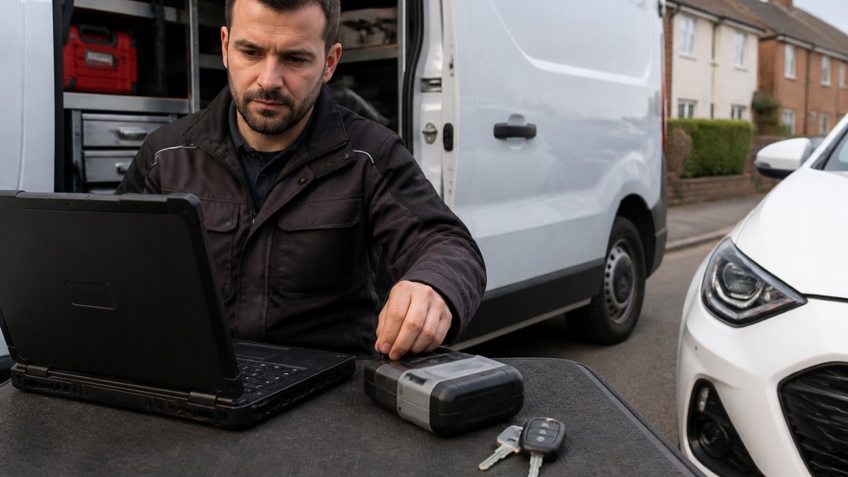 An automotive locksmith in work clothes using a laptop and key programming device beside a white commercial van parked on a residential street, with a key fob and cut key visible on a nearby mat