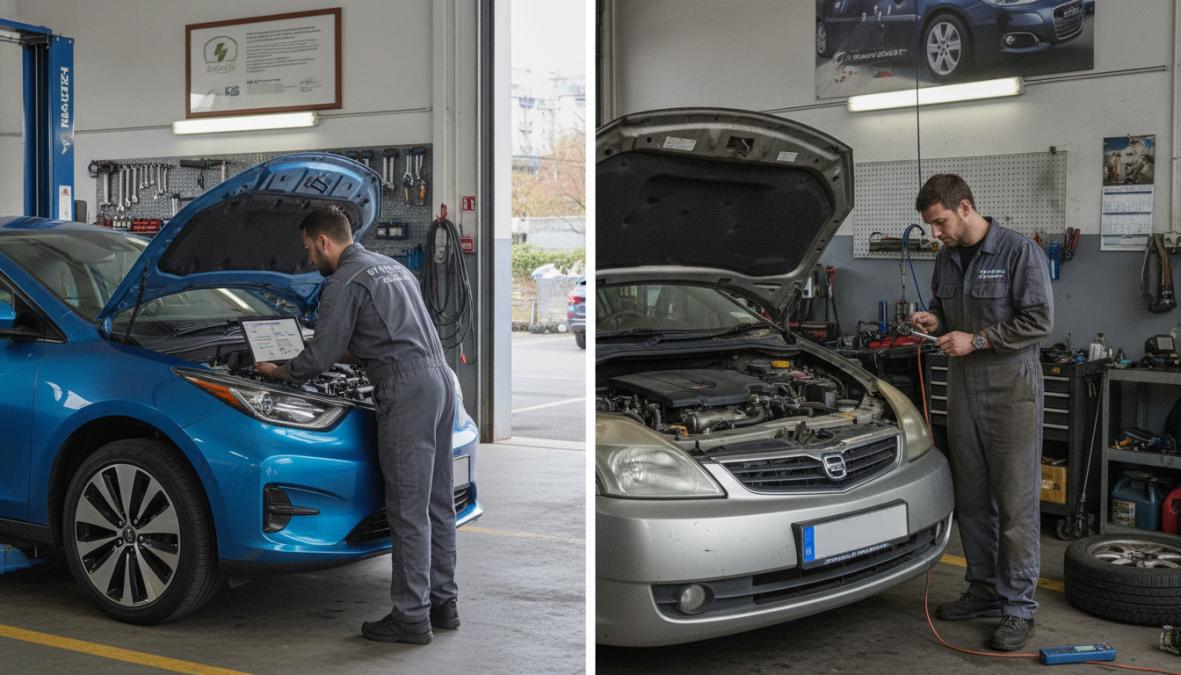 Experienced technician using advanced diagnostic equipment on an electric vehicle, with illuminated computer displays showing real-time data and fault codes in a professional workshop setting