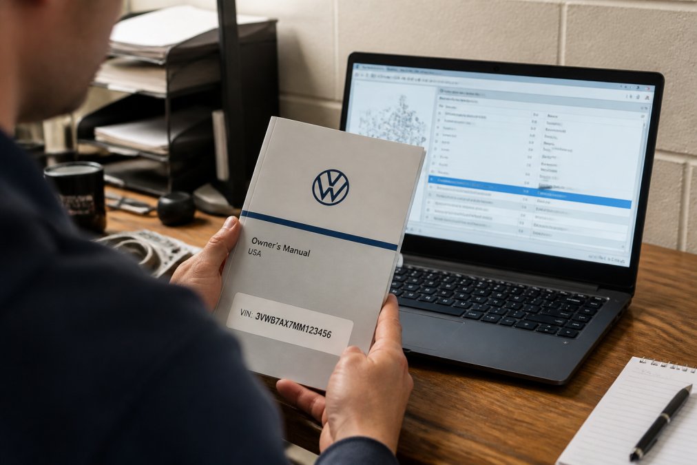 Professional holding a Volkswagen owner's manual with VIN number visible on the cover, displayed on a desk next to a laptop showing a parts identification tool interface with natural office lighting